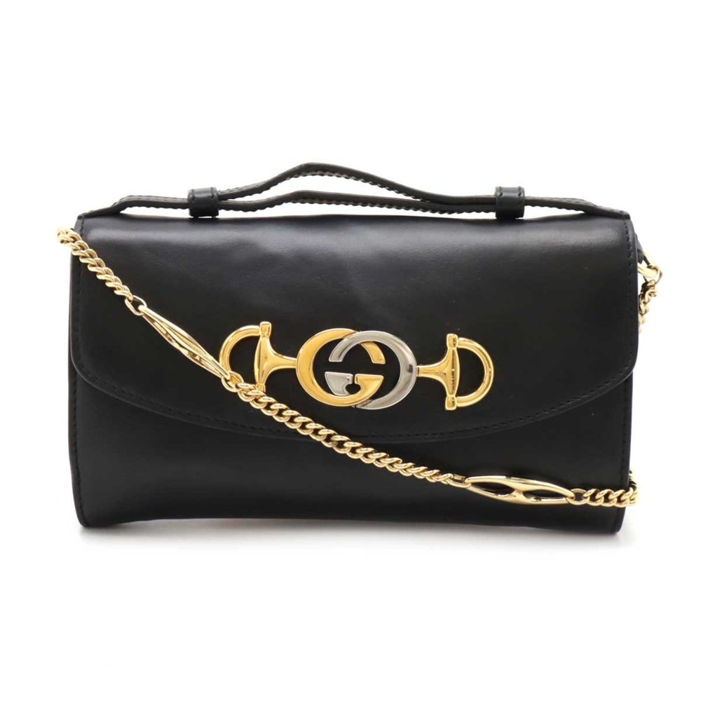 GUCCI Zumi Chain Shoulder Bag Pochette Handbag Leather Black 564718 - Picture 2 of 9